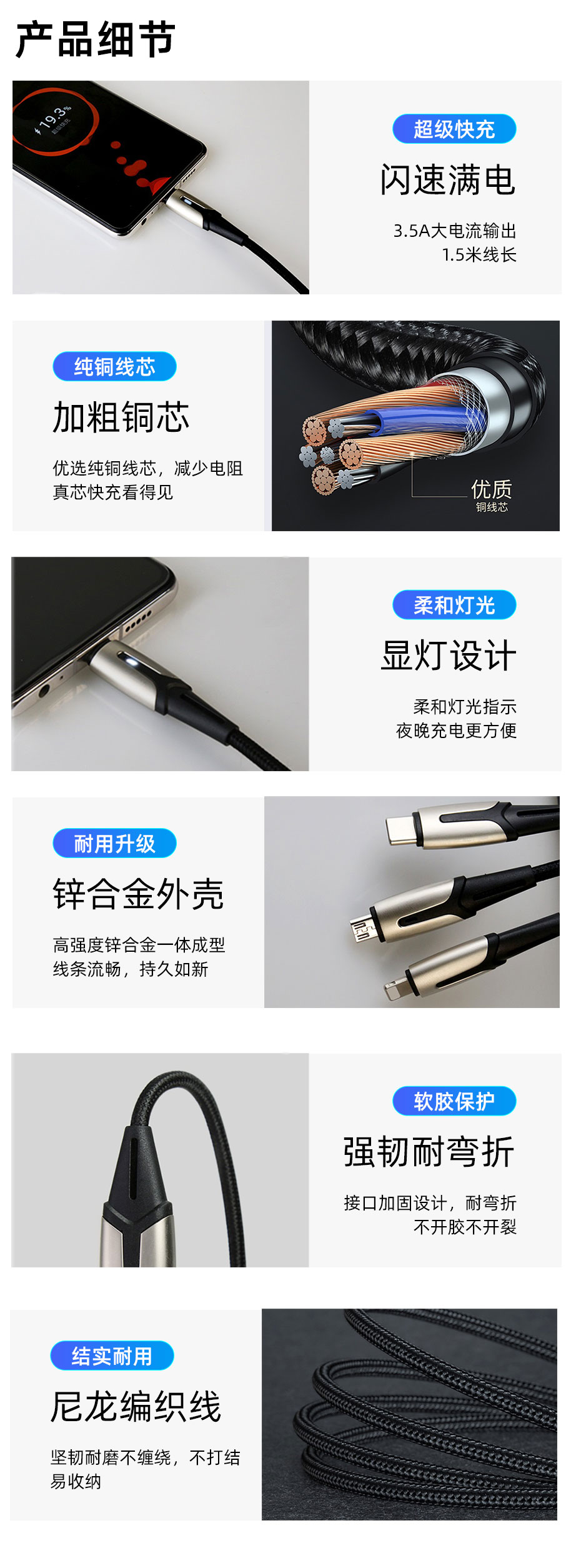 一拖三鋅合金數據線細節